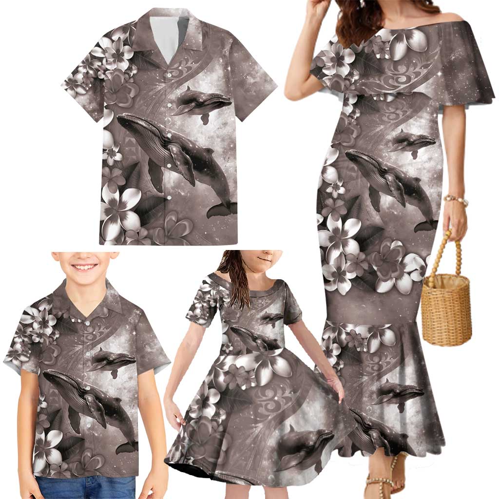 Hawaiian Lei Day Plumeria Humpback Whales Family Matching Mermaid Dress and Hawaiian Shirt Polynesian Art Vibrant Starry Nebula Grayscale Style LT03 - Polynesian Pride