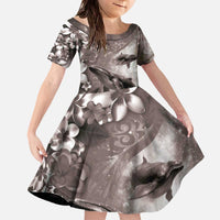 Hawaiian Lei Day Plumeria Humpback Whales Family Matching Off The Shoulder Long Sleeve Dress and Hawaiian Shirt Polynesian Art Vibrant Starry Nebula Grayscale Style LT03 Daughter's Dress Art - Polynesian Pride