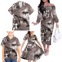 Hawaiian Lei Day Plumeria Humpback Whales Family Matching Off The Shoulder Long Sleeve Dress and Hawaiian Shirt Polynesian Art Vibrant Starry Nebula Grayscale Style LT03 - Polynesian Pride