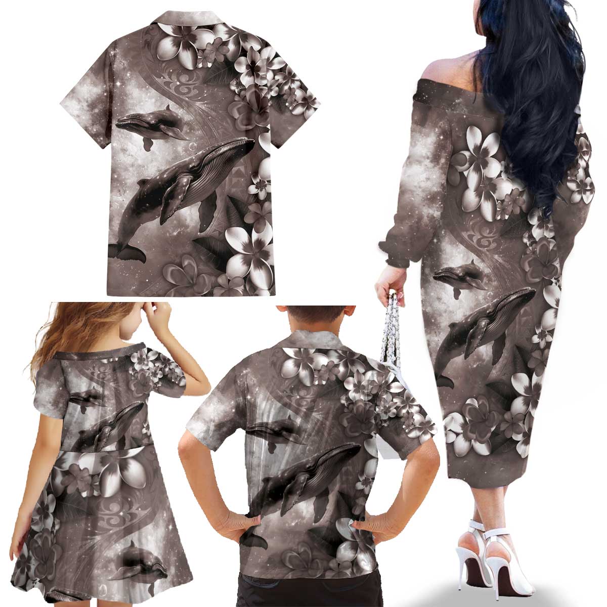 Hawaiian Lei Day Plumeria Humpback Whales Family Matching Off The Shoulder Long Sleeve Dress and Hawaiian Shirt Polynesian Art Vibrant Starry Nebula Grayscale Style LT03 - Polynesian Pride