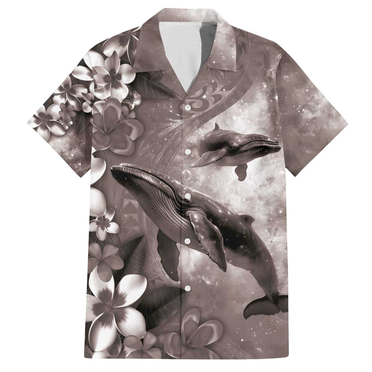 Hawaiian Lei Day Plumeria Humpback Whales Family Matching Off The Shoulder Long Sleeve Dress and Hawaiian Shirt Polynesian Art Vibrant Starry Nebula Grayscale Style LT03 Dad's Shirt - Short Sleeve Art - Polynesian Pride
