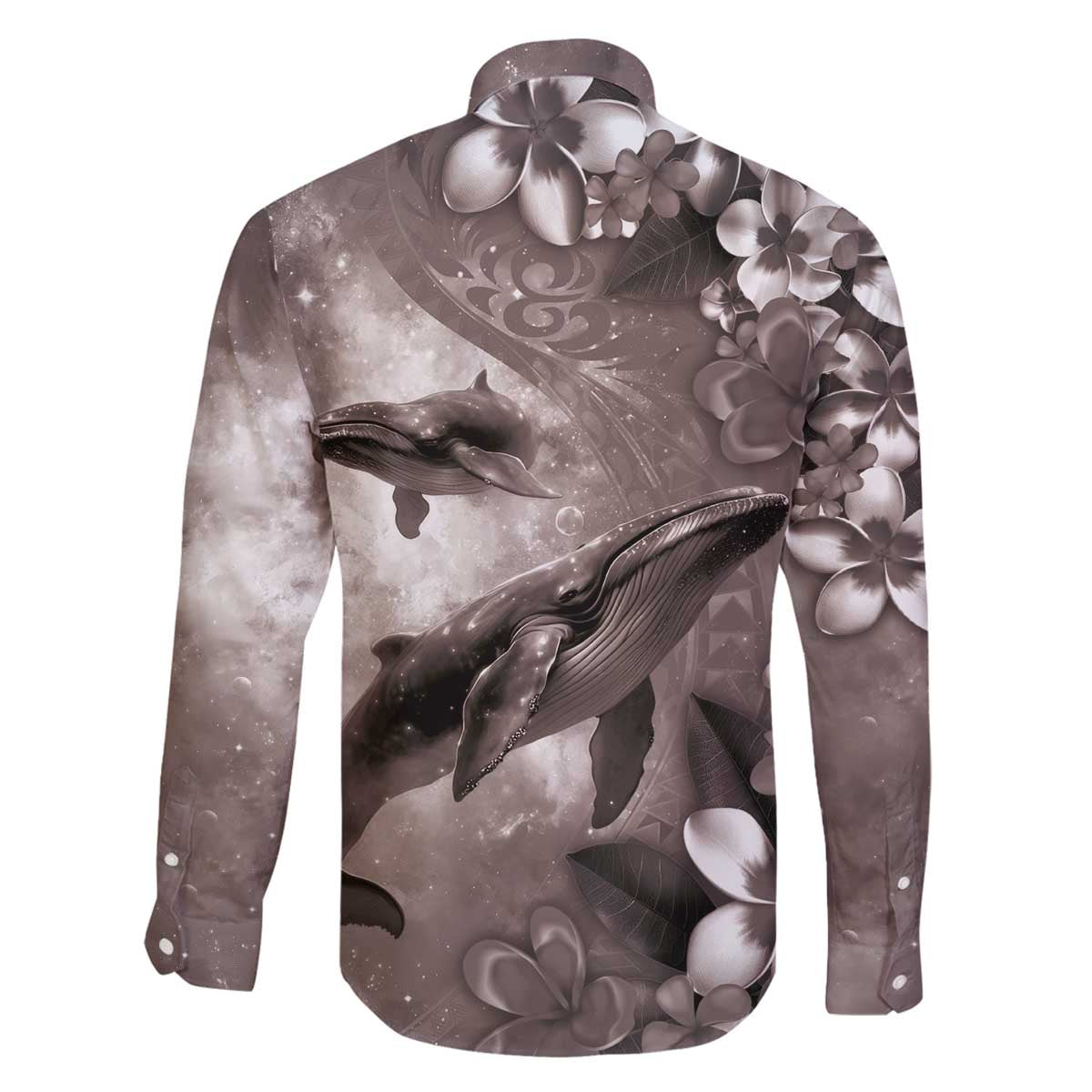 Hawaiian Lei Day Plumeria Humpback Whales Family Matching Off The Shoulder Long Sleeve Dress and Hawaiian Shirt Polynesian Art Vibrant Starry Nebula Grayscale Style LT03 - Polynesian Pride