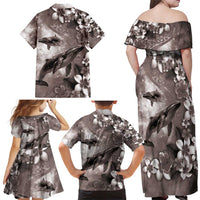 Hawaiian Lei Day Plumeria Humpback Whales Family Matching Off Shoulder Maxi Dress and Hawaiian Shirt Polynesian Art Vibrant Starry Nebula Grayscale Style LT03 - Polynesian Pride