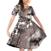 Hawaiian Lei Day Plumeria Humpback Whales Family Matching Off Shoulder Short Dress and Hawaiian Shirt Polynesian Art Vibrant Starry Nebula Grayscale Style LT03 Daughter's Dress Art - Polynesian Pride