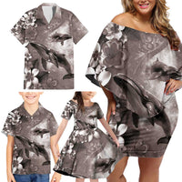 Hawaiian Lei Day Plumeria Humpback Whales Family Matching Off Shoulder Short Dress and Hawaiian Shirt Polynesian Art Vibrant Starry Nebula Grayscale Style LT03 - Polynesian Pride