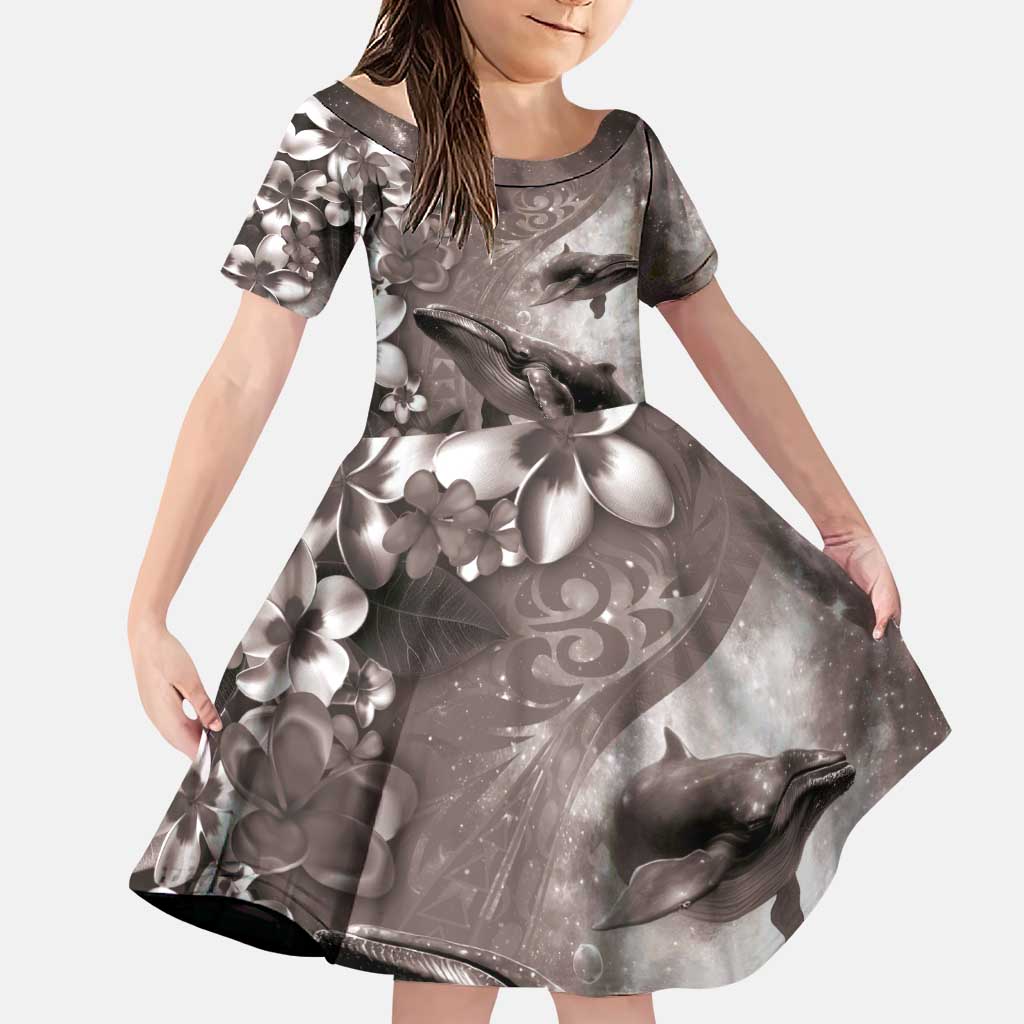 Hawaiian Lei Day Plumeria Humpback Whales Family Matching Puletasi and Hawaiian Shirt Polynesian Art Vibrant Starry Nebula Grayscale Style LT03 Daughter's Dress Art - Polynesian Pride