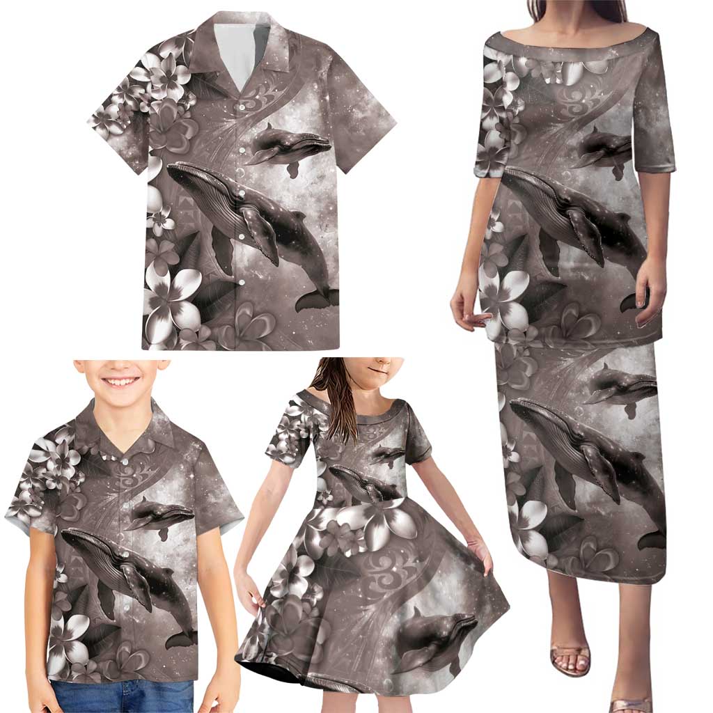 Hawaiian Lei Day Plumeria Humpback Whales Family Matching Puletasi and Hawaiian Shirt Polynesian Art Vibrant Starry Nebula Grayscale Style LT03 - Polynesian Pride