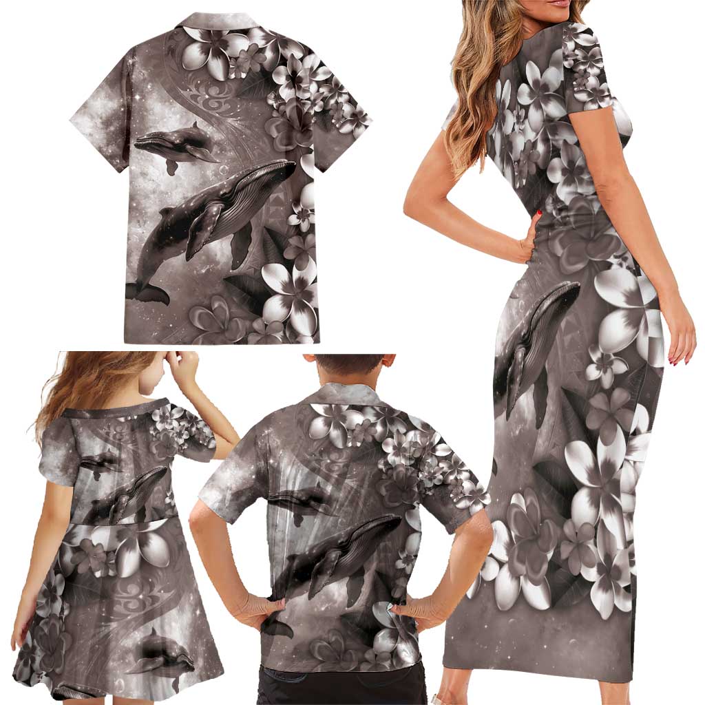 Hawaiian Lei Day Plumeria Humpback Whales Family Matching Short Sleeve Bodycon Dress and Hawaiian Shirt Polynesian Art Vibrant Starry Nebula Grayscale Style LT03 - Polynesian Pride