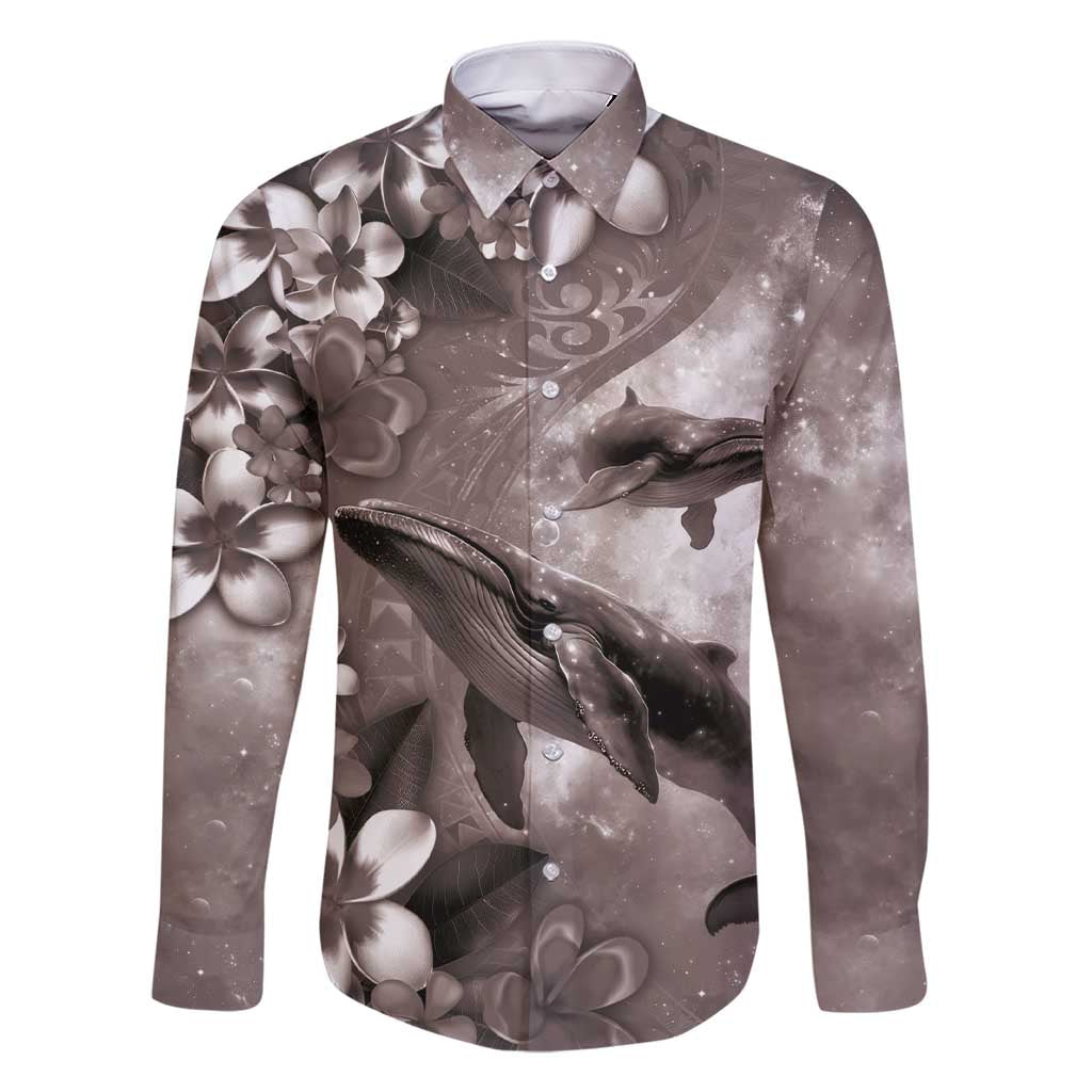 Hawaiian Lei Day Plumeria Humpback Whales Family Matching Short Sleeve Bodycon Dress and Hawaiian Shirt Polynesian Art Vibrant Starry Nebula Grayscale Style LT03 Dad's Shirt - Long Sleeve Art - Polynesian Pride