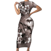 Hawaiian Lei Day Plumeria Humpback Whales Family Matching Short Sleeve Bodycon Dress and Hawaiian Shirt Polynesian Art Vibrant Starry Nebula Grayscale Style LT03 Mom's Dress Art - Polynesian Pride