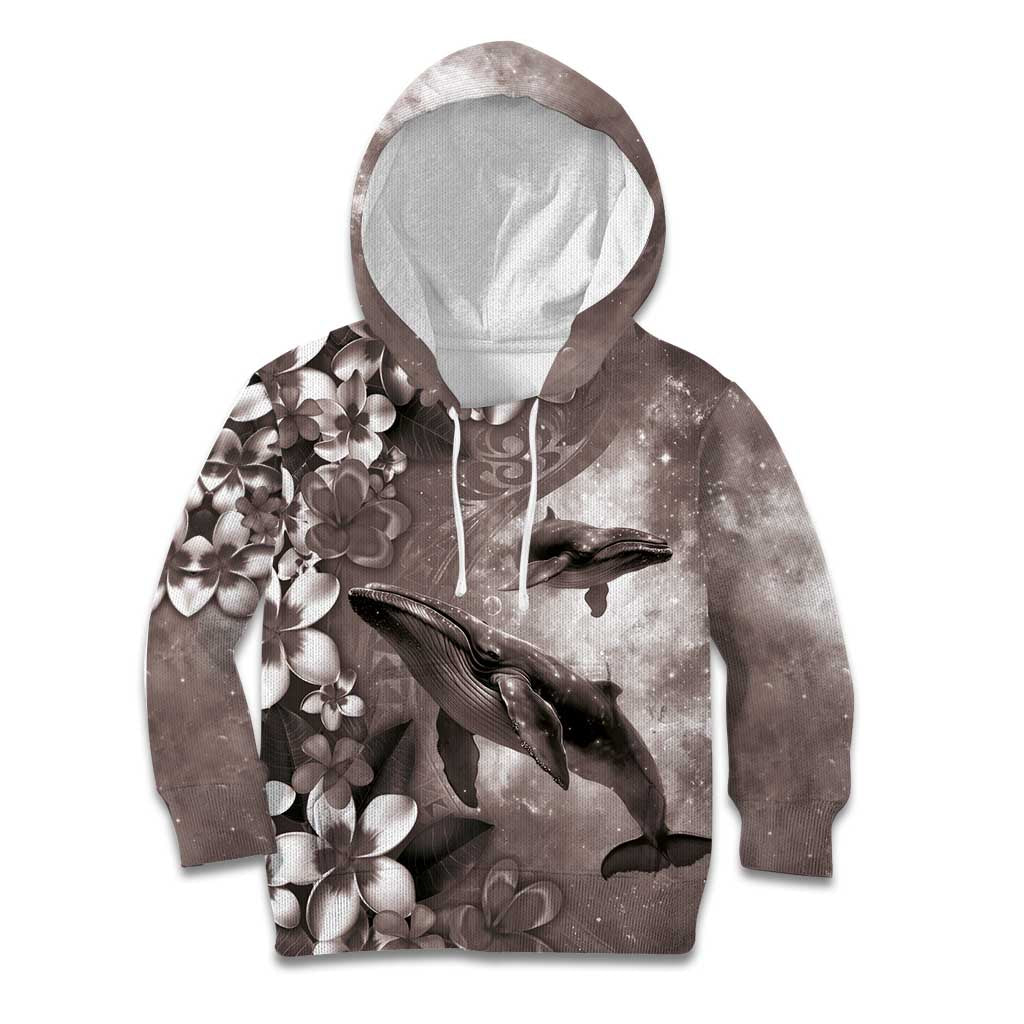 Hawaiian Lei Day Plumeria Humpback Whales Kid Hoodie Polynesian Art Vibrant Starry Nebula Grayscale Style LT03 Hoodie Art - Polynesian Pride