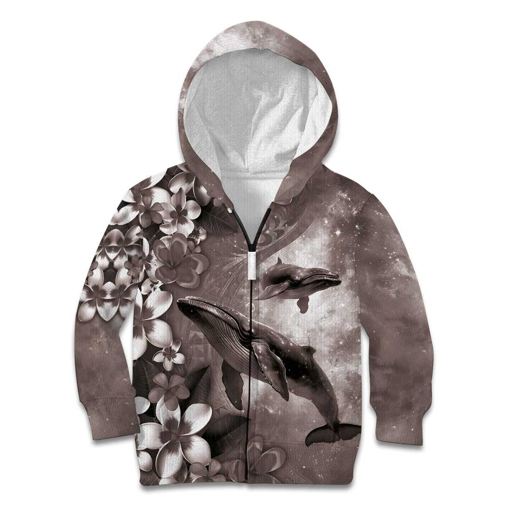 Hawaiian Lei Day Plumeria Humpback Whales Kid Hoodie Polynesian Art Vibrant Starry Nebula Grayscale Style LT03 Zip Hoodie Art - Polynesian Pride