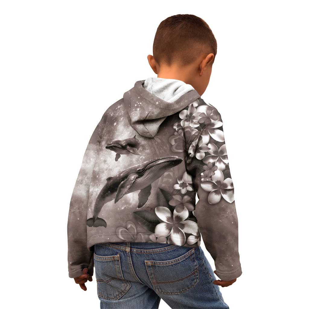 Hawaiian Lei Day Plumeria Humpback Whales Kid Hoodie Polynesian Art Vibrant Starry Nebula Grayscale Style LT03 - Polynesian Pride