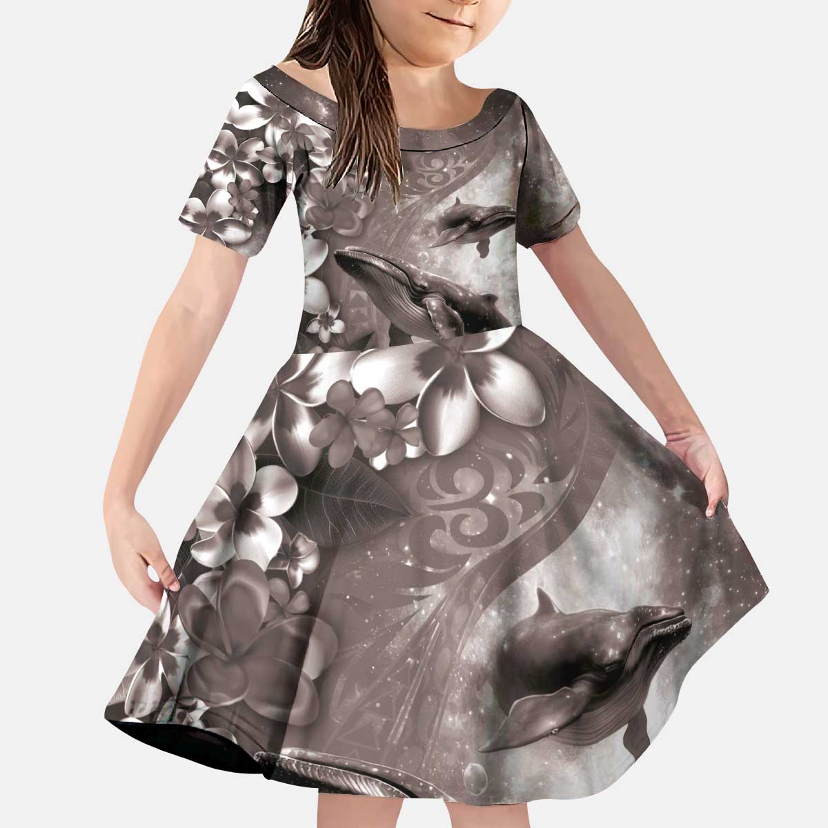 Hawaiian Lei Day Plumeria Humpback Whales Kid Short Sleeve Dress Polynesian Art Vibrant Starry Nebula Grayscale Style LT03 KID Art - Polynesian Pride