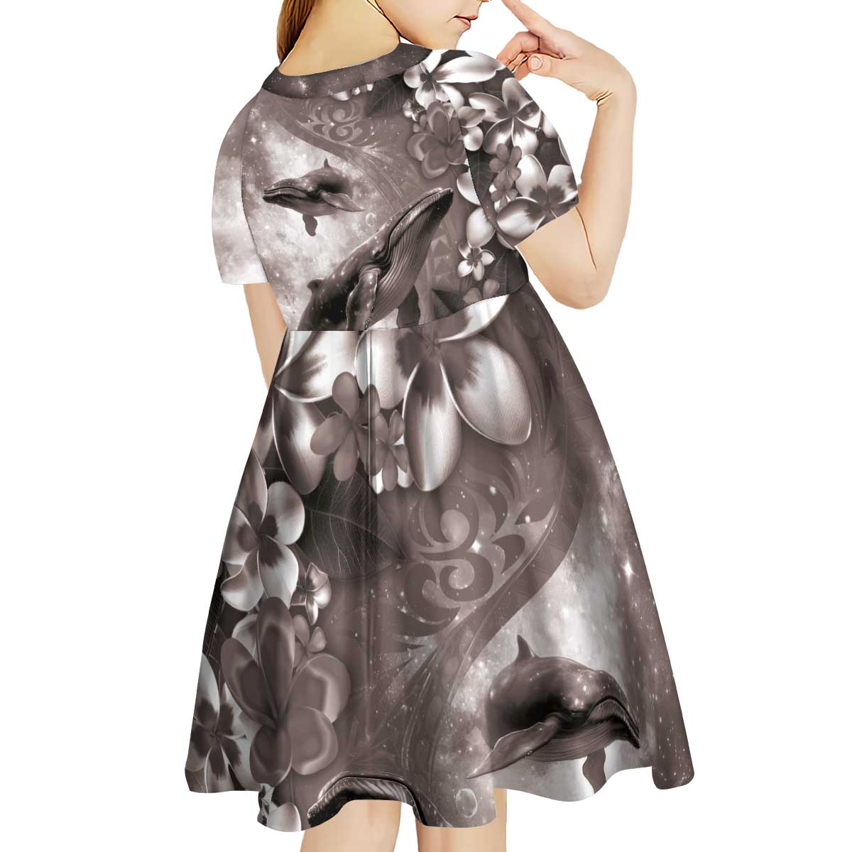 Hawaiian Lei Day Plumeria Humpback Whales Kid Short Sleeve Dress Polynesian Art Vibrant Starry Nebula Grayscale Style LT03 - Polynesian Pride