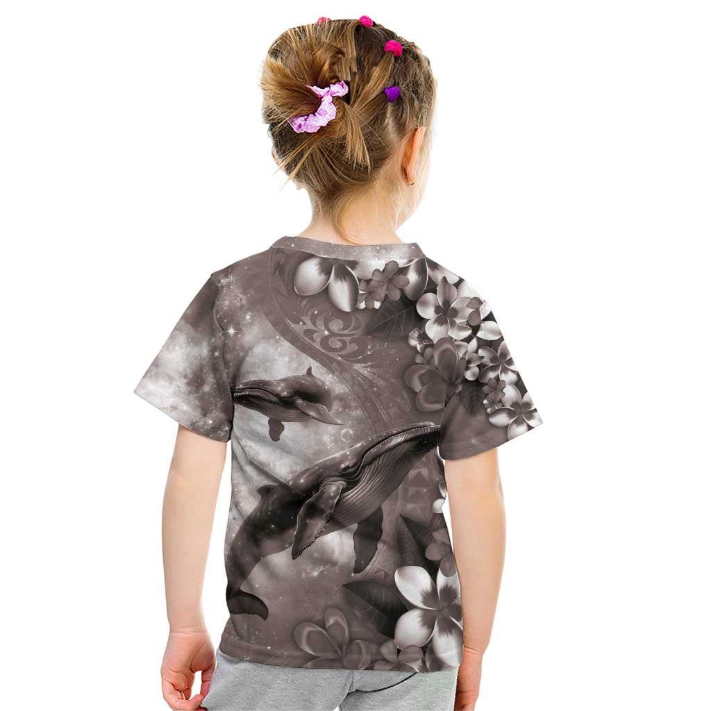 Hawaiian Lei Day Plumeria Humpback Whales Kid T Shirt Polynesian Art Vibrant Starry Nebula Grayscale Style LT03 - Polynesian Pride