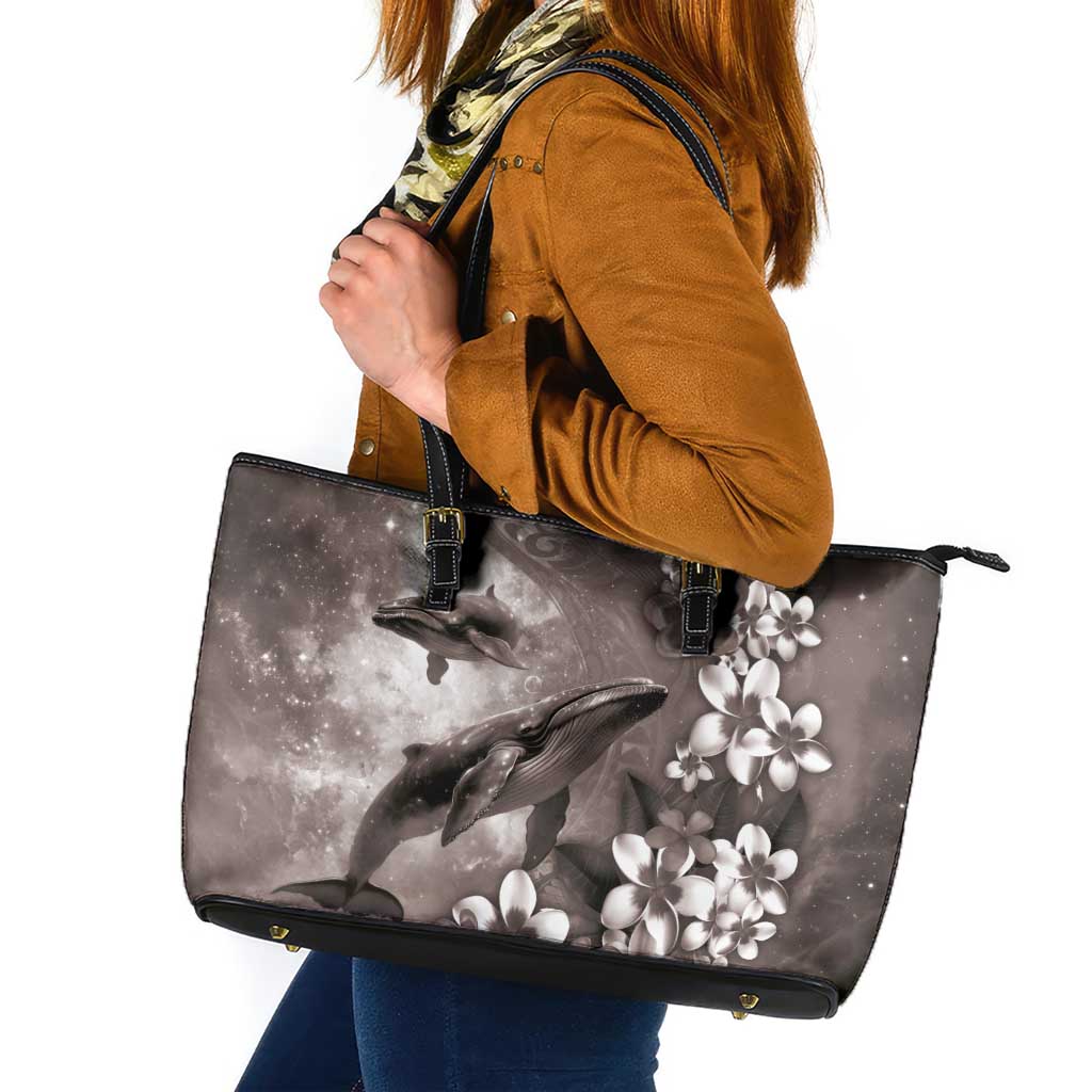 Hawaiian Lei Day Plumeria Humpback Whales Leather Tote Bag Polynesian Art Vibrant Starry Nebula Grayscale Style LT03 Art - Polynesian Pride