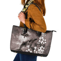 Hawaiian Lei Day Plumeria Humpback Whales Leather Tote Bag Polynesian Art Vibrant Starry Nebula Grayscale Style LT03 Art - Polynesian Pride