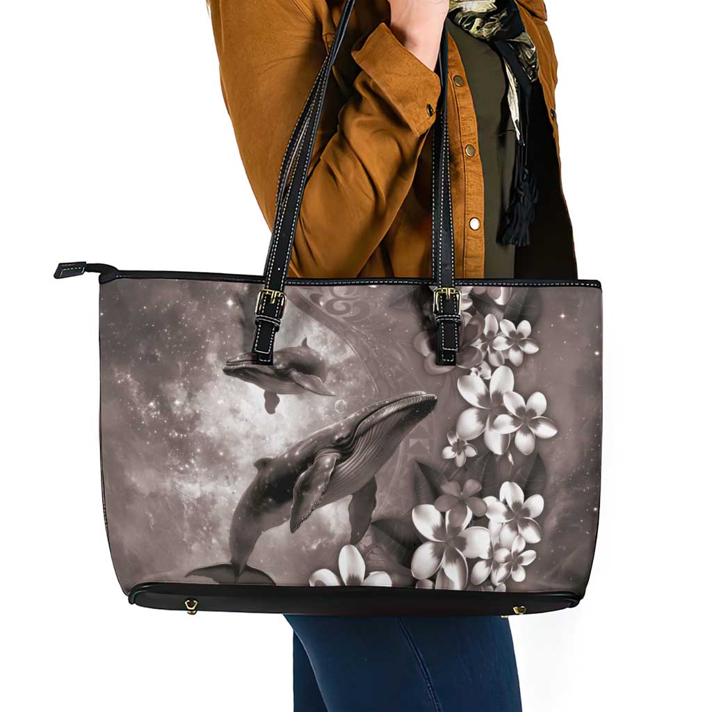 Hawaiian Lei Day Plumeria Humpback Whales Leather Tote Bag Polynesian Art Vibrant Starry Nebula Grayscale Style LT03 - Polynesian Pride