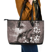 Hawaiian Lei Day Plumeria Humpback Whales Leather Tote Bag Polynesian Art Vibrant Starry Nebula Grayscale Style LT03 - Polynesian Pride
