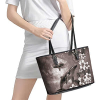 Hawaiian Lei Day Plumeria Humpback Whales Leather Tote Bag Polynesian Art Vibrant Starry Nebula Grayscale Style LT03 - Polynesian Pride