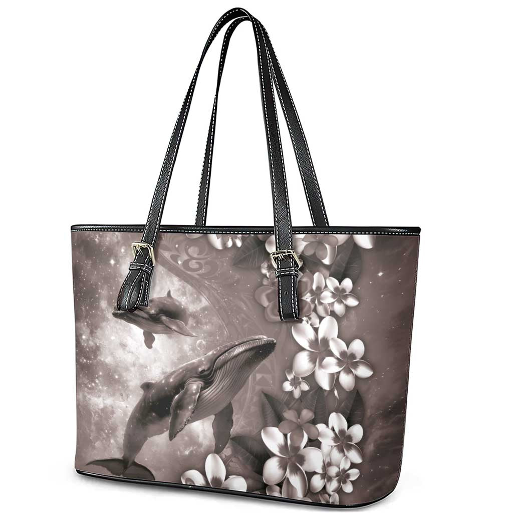 Hawaiian Lei Day Plumeria Humpback Whales Leather Tote Bag Polynesian Art Vibrant Starry Nebula Grayscale Style LT03 - Polynesian Pride
