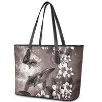 Hawaiian Lei Day Plumeria Humpback Whales Leather Tote Bag Polynesian Art Vibrant Starry Nebula Grayscale Style LT03 - Polynesian Pride