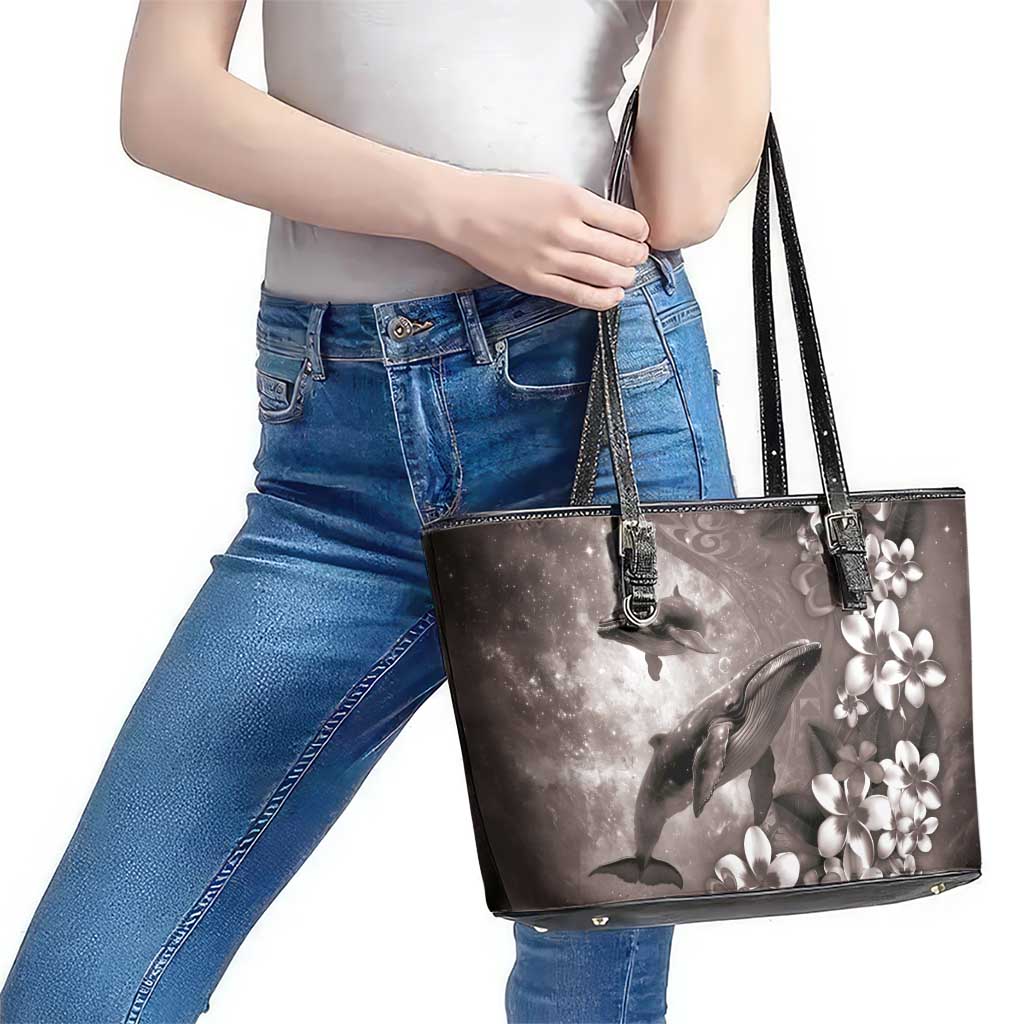 Hawaiian Lei Day Plumeria Humpback Whales Leather Tote Bag Polynesian Art Vibrant Starry Nebula Grayscale Style LT03 - Polynesian Pride