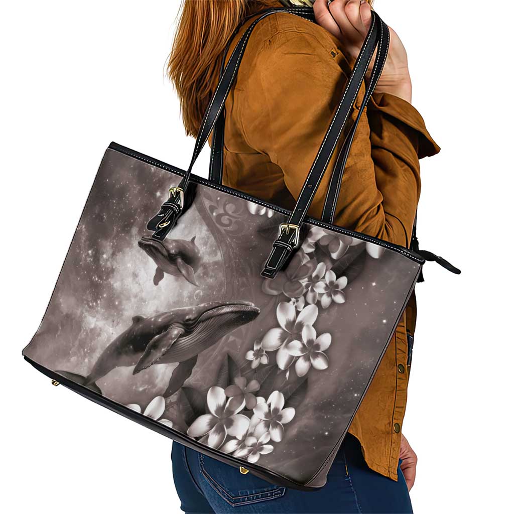 Hawaiian Lei Day Plumeria Humpback Whales Leather Tote Bag Polynesian Art Vibrant Starry Nebula Grayscale Style LT03 - Polynesian Pride