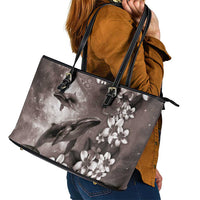 Hawaiian Lei Day Plumeria Humpback Whales Leather Tote Bag Polynesian Art Vibrant Starry Nebula Grayscale Style LT03 - Polynesian Pride