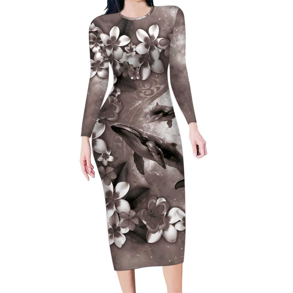 Hawaiian Lei Day Plumeria Humpback Whales Long Sleeve Bodycon Dress Polynesian Art Vibrant Starry Nebula Grayscale Style LT03 Long Dress Art - Polynesian Pride