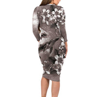Hawaiian Lei Day Plumeria Humpback Whales Long Sleeve Bodycon Dress Polynesian Art Vibrant Starry Nebula Grayscale Style LT03 - Polynesian Pride
