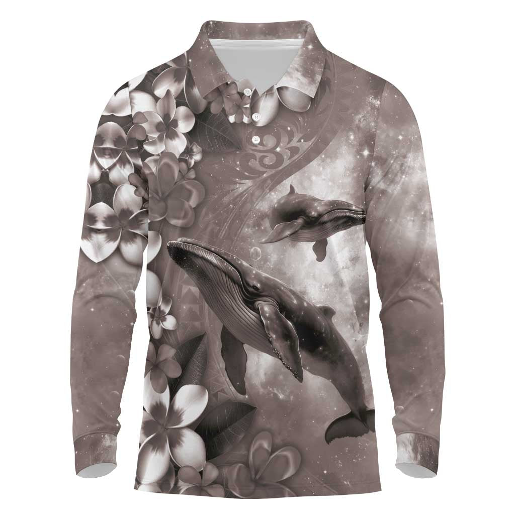 Hawaiian Lei Day Plumeria Humpback Whales Long Sleeve Polo Shirt Polynesian Art Vibrant Starry Nebula Grayscale Style LT03 Art - Polynesian Pride