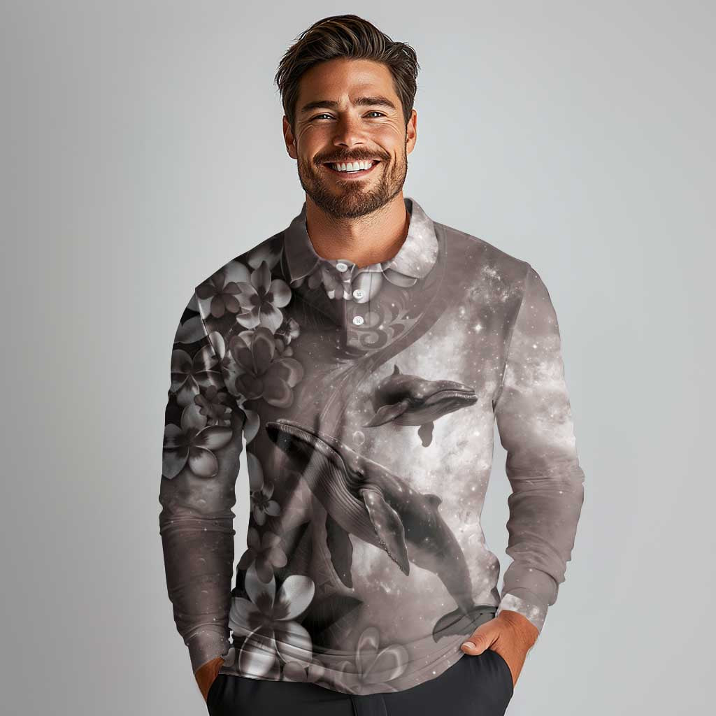 Hawaiian Lei Day Plumeria Humpback Whales Long Sleeve Polo Shirt Polynesian Art Vibrant Starry Nebula Grayscale Style LT03 - Polynesian Pride