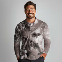 Hawaiian Lei Day Plumeria Humpback Whales Long Sleeve Polo Shirt Polynesian Art Vibrant Starry Nebula Grayscale Style LT03 - Polynesian Pride