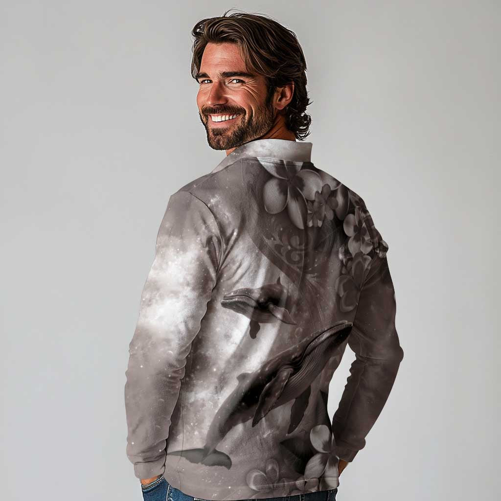 Hawaiian Lei Day Plumeria Humpback Whales Long Sleeve Polo Shirt Polynesian Art Vibrant Starry Nebula Grayscale Style LT03 - Polynesian Pride