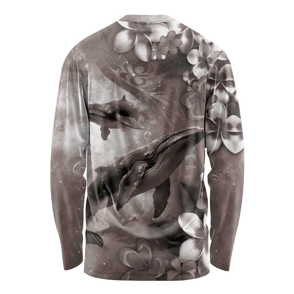 Hawaiian Lei Day Plumeria Humpback Whales Long Sleeve Shirt Polynesian Art Vibrant Starry Nebula Grayscale Style LT03 - Polynesian Pride