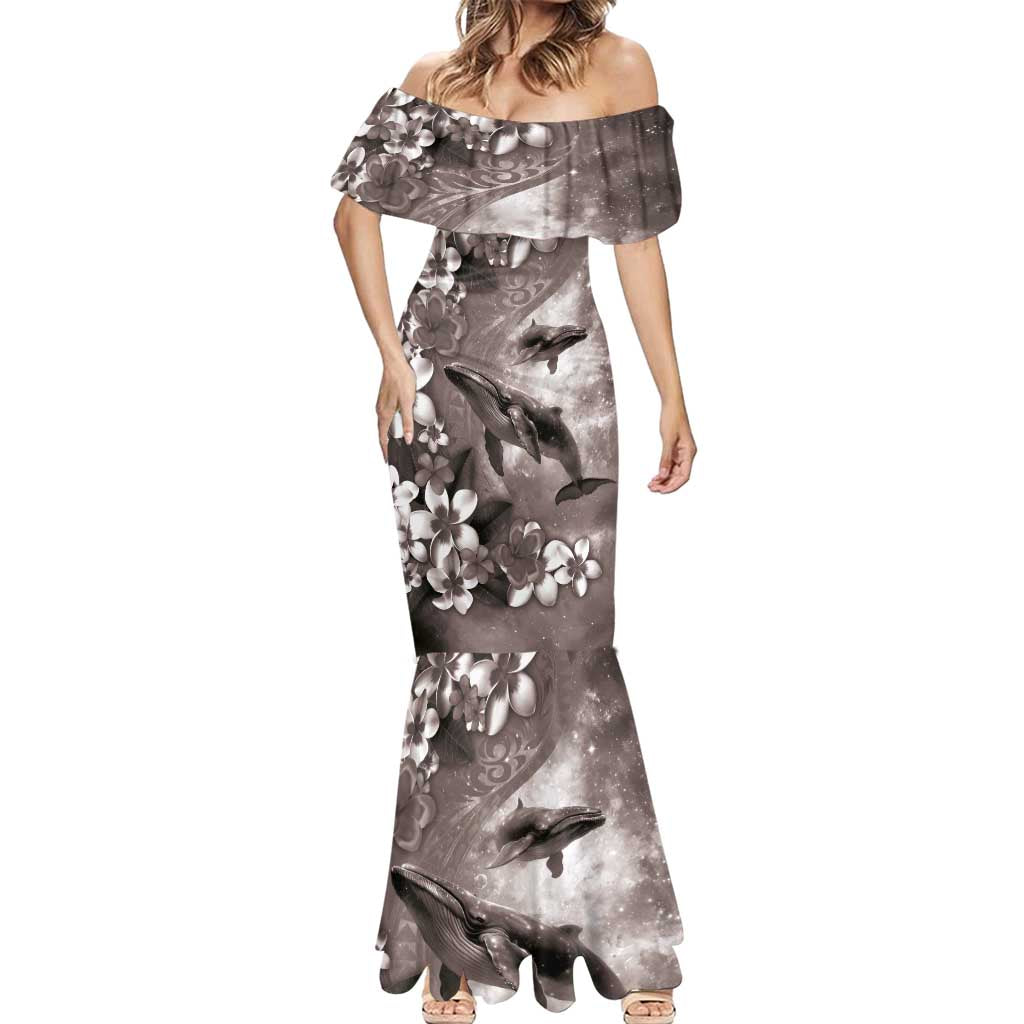 Hawaiian Lei Day Plumeria Humpback Whales Mermaid Dress Polynesian Art Vibrant Starry Nebula Grayscale Style LT03 - Polynesian Pride