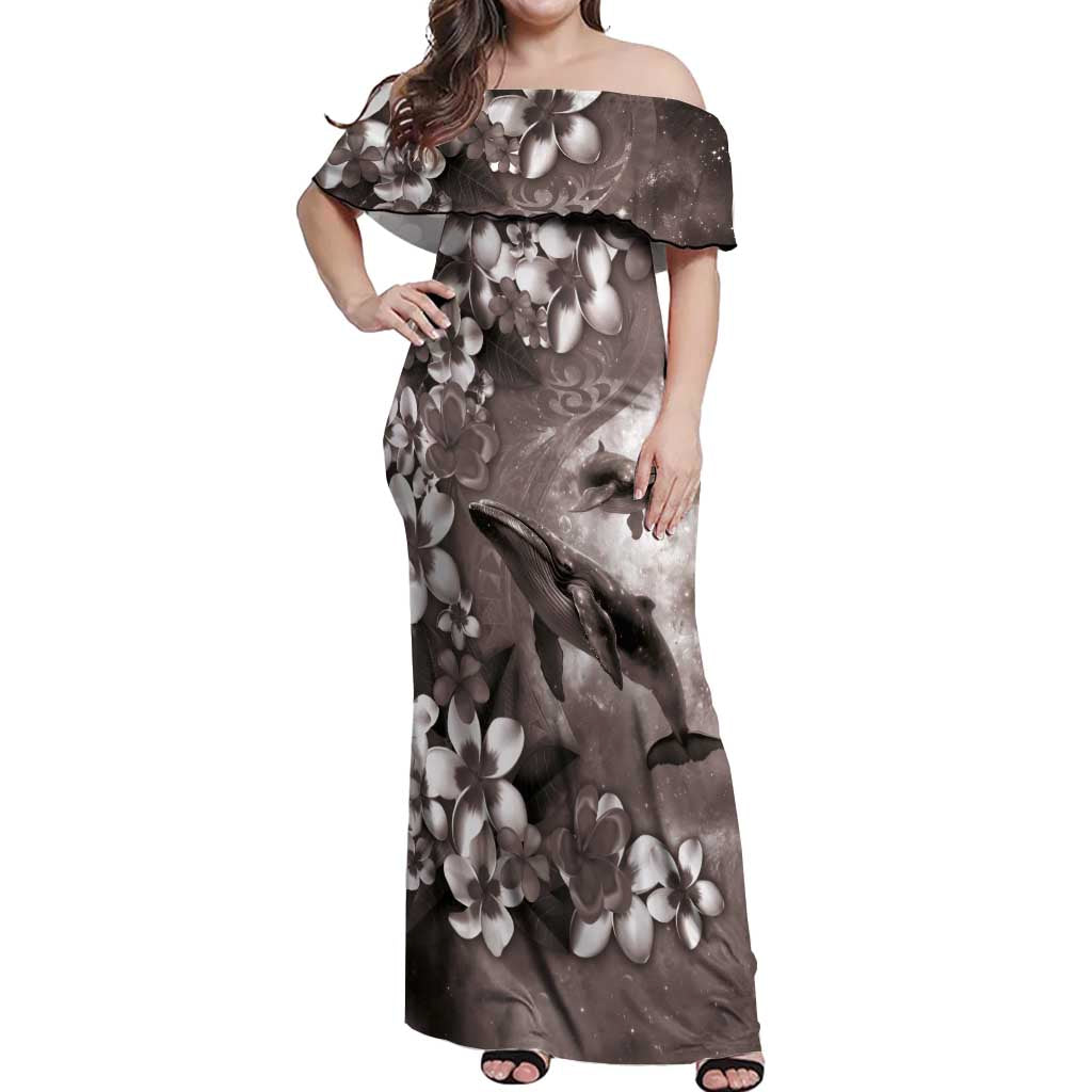 Hawaiian Lei Day Plumeria Humpback Whales Off Shoulder Maxi Dress Polynesian Art Vibrant Starry Nebula Grayscale Style LT03 Women Art - Polynesian Pride