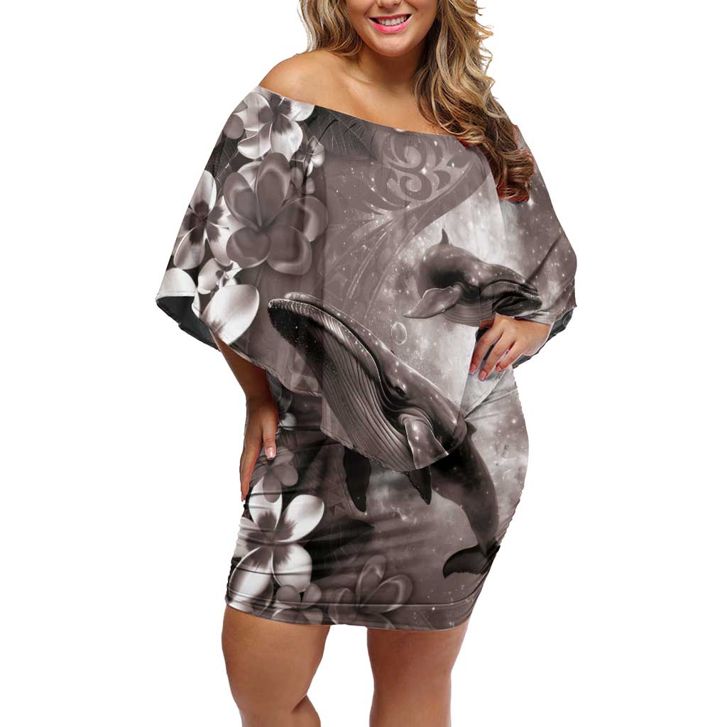 Hawaiian Lei Day Plumeria Humpback Whales Off Shoulder Short Dress Polynesian Art Vibrant Starry Nebula Grayscale Style LT03 Women Art - Polynesian Pride