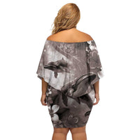 Hawaiian Lei Day Plumeria Humpback Whales Off Shoulder Short Dress Polynesian Art Vibrant Starry Nebula Grayscale Style LT03 - Polynesian Pride