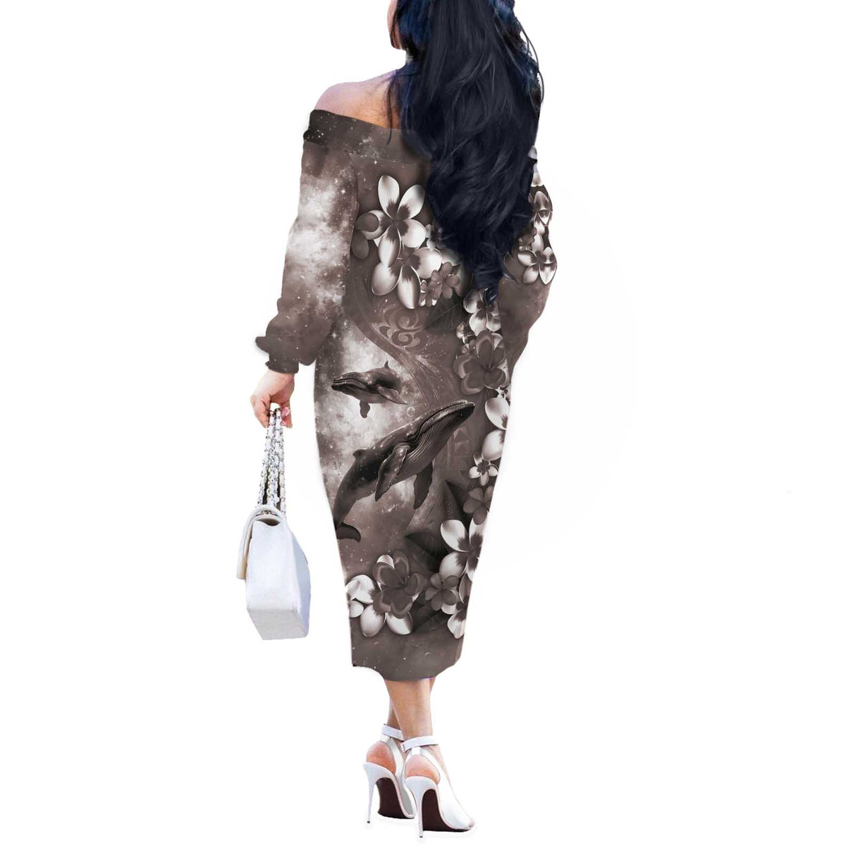 Hawaiian Lei Day Plumeria Humpback Whales Off The Shoulder Long Sleeve Dress Polynesian Art Vibrant Starry Nebula Grayscale Style LT03 - Polynesian Pride