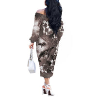 Hawaiian Lei Day Plumeria Humpback Whales Off The Shoulder Long Sleeve Dress Polynesian Art Vibrant Starry Nebula Grayscale Style LT03 - Polynesian Pride