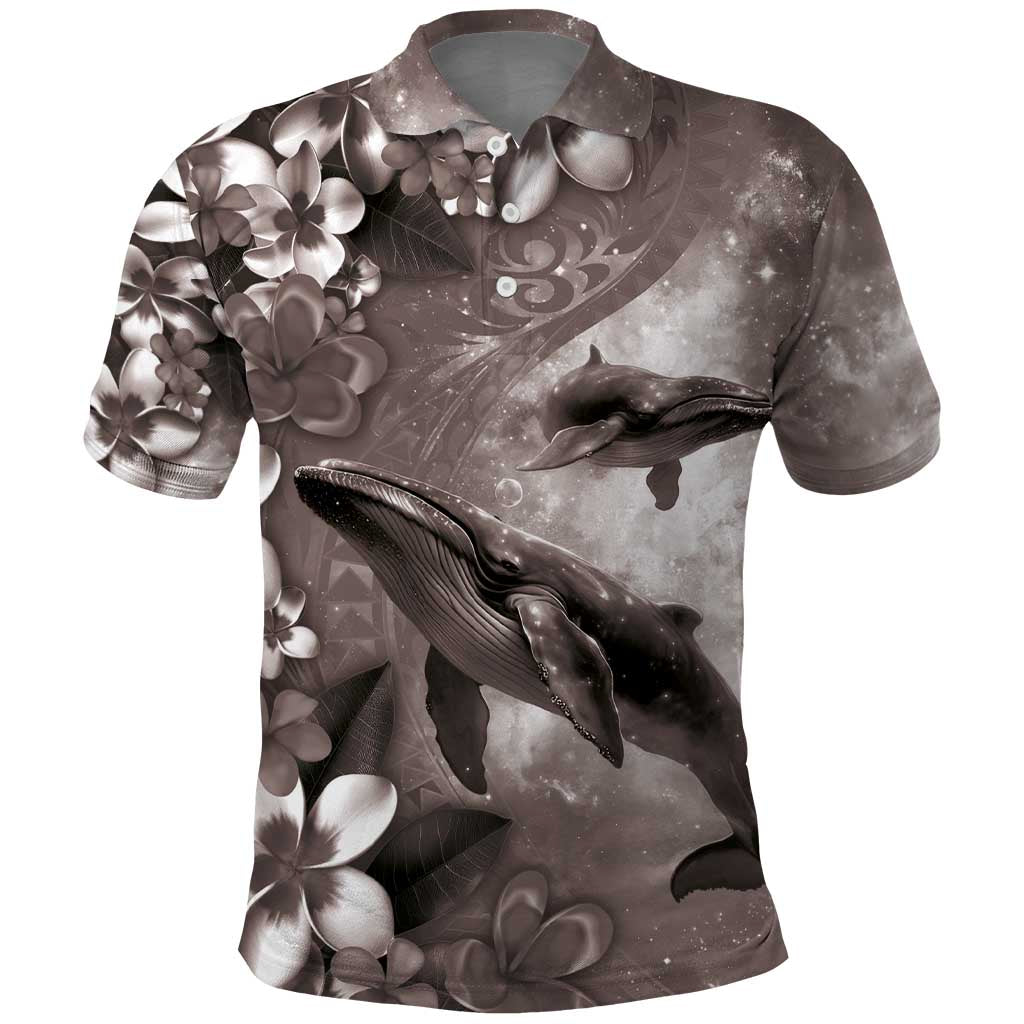 Hawaiian Lei Day Plumeria Humpback Whales Polo Shirt Polynesian Art Vibrant Starry Nebula Grayscale Style LT03 Art - Polynesian Pride