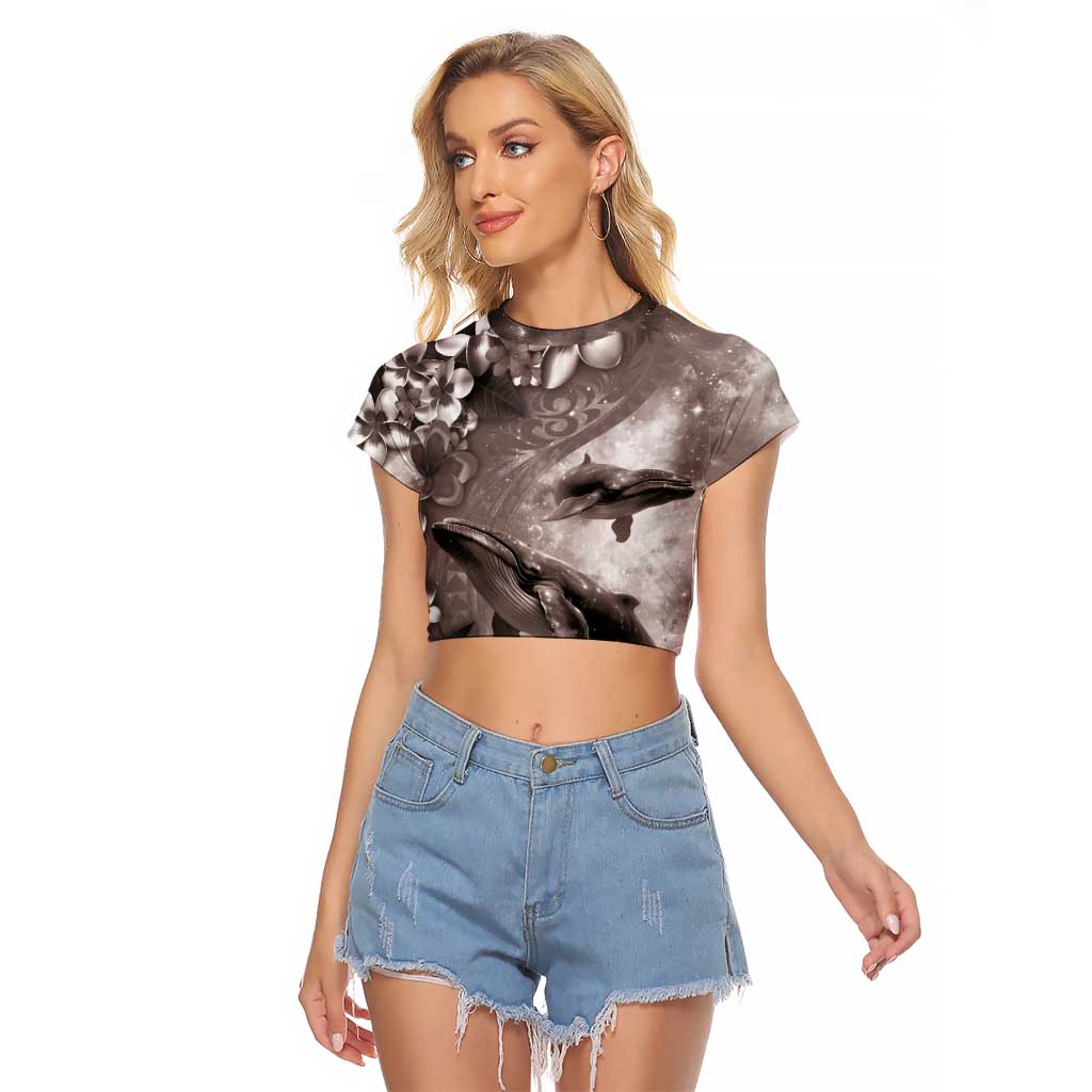 Hawaiian Lei Day Plumeria Humpback Whales Raglan Cropped T Shirt Polynesian Art Vibrant Starry Nebula Grayscale Style LT03 Female Art - Polynesian Pride