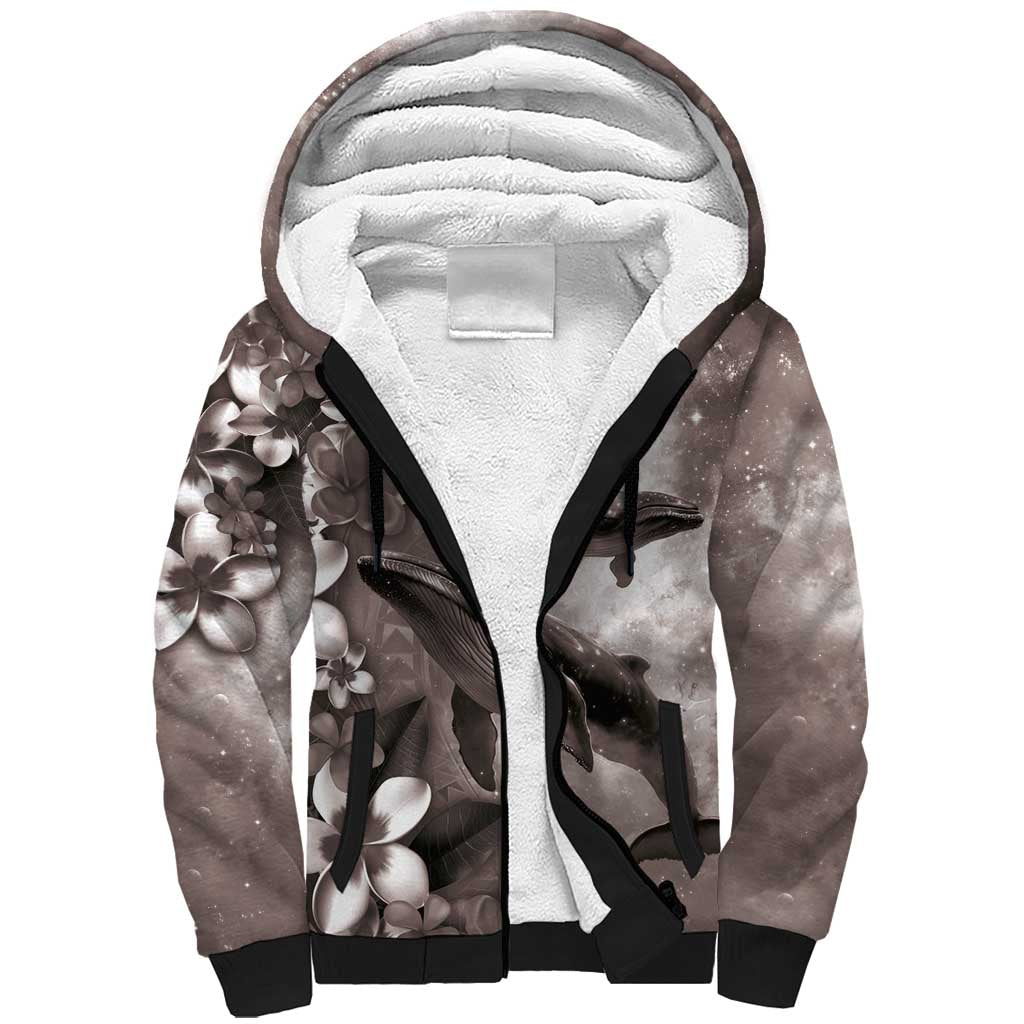 Hawaiian Lei Day Plumeria Humpback Whales Sherpa Hoodie Polynesian Art Vibrant Starry Nebula Grayscale Style LT03 Unisex Art - Polynesian Pride