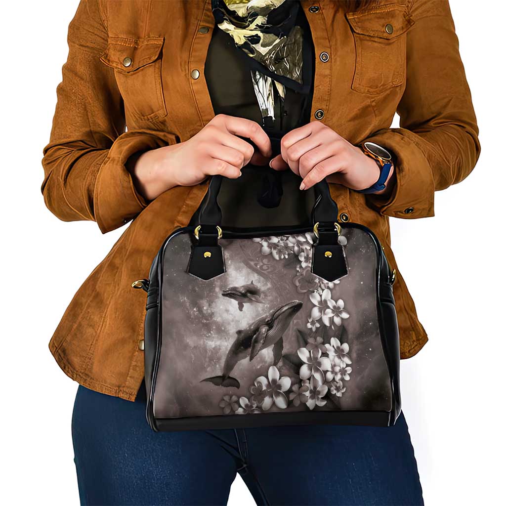 Hawaiian Lei Day Plumeria Humpback Whales Shoulder Handbag Polynesian Art Vibrant Starry Nebula Grayscale Style