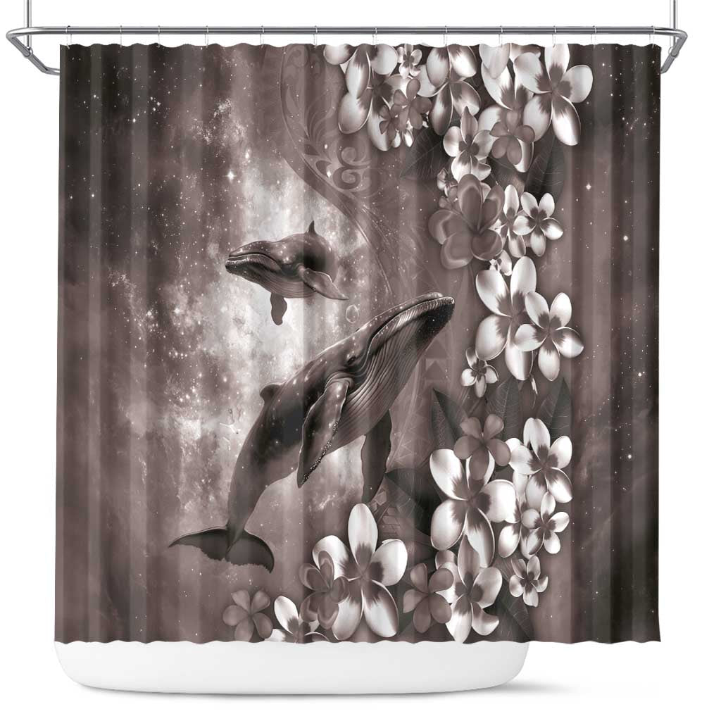 Hawaiian Lei Day Plumeria Humpback Whales Shower Curtain Polynesian Art Vibrant Starry Nebula Grayscale Style LT03 Art - Polynesian Pride