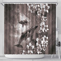 Hawaiian Lei Day Plumeria Humpback Whales Shower Curtain Polynesian Art Vibrant Starry Nebula Grayscale Style LT03 - Polynesian Pride