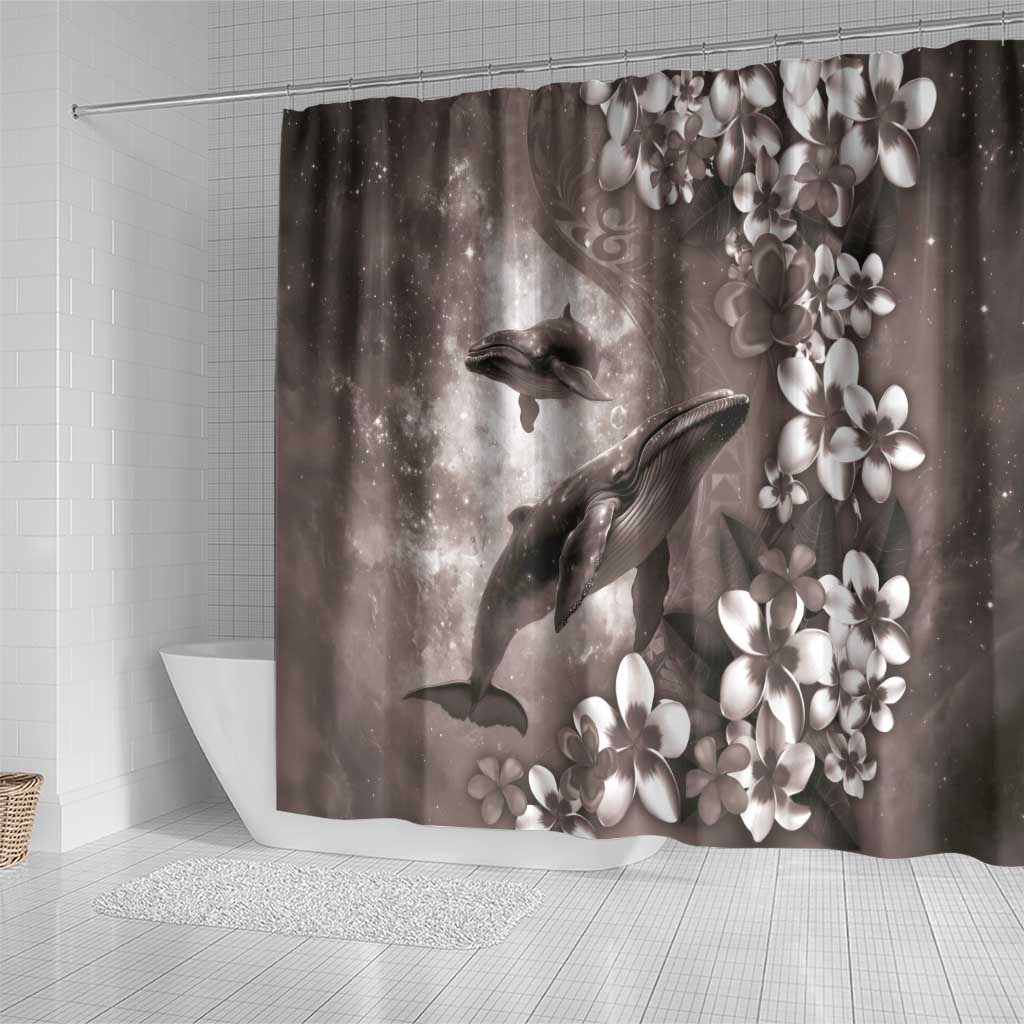 Hawaiian Lei Day Plumeria Humpback Whales Shower Curtain Polynesian Art Vibrant Starry Nebula Grayscale Style LT03 - Polynesian Pride